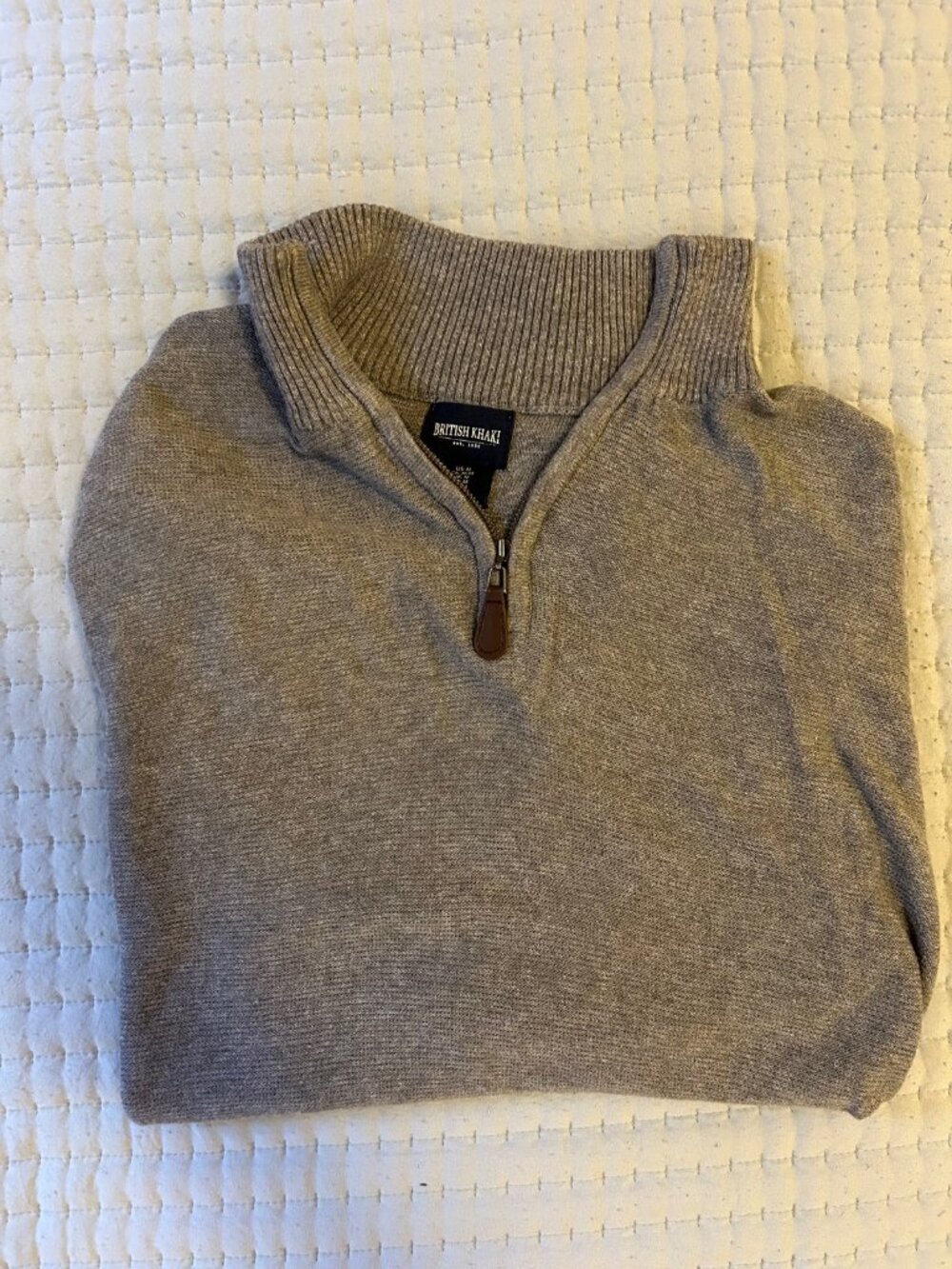 British Khaki Grey Quarter Zip Sweater Leather Pull M